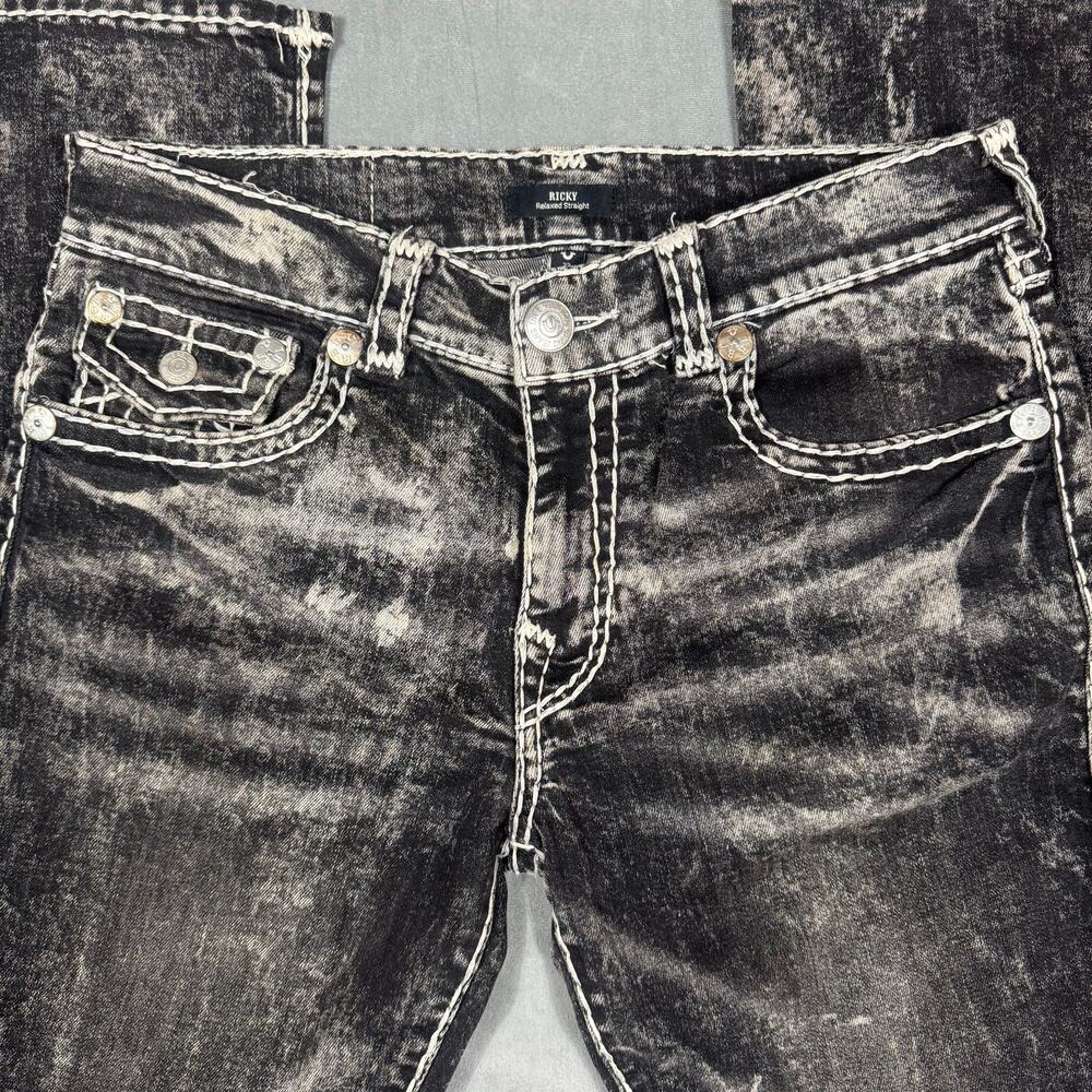 True Religion Ricky Relaxed Straight Acid Wash Black Jeans 33 Stitch